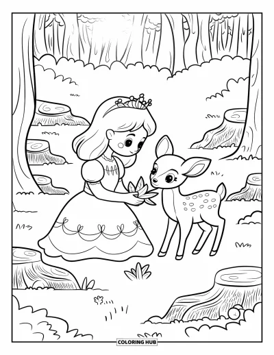 Dibujo de princesas para colorear para adultos: Una princesa con vestido inspirado en la naturaleza cuida de un cervatillo en el bosque