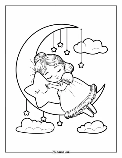 Dibujo de princesas para colorear para adultos: Una princesa con camisón abraza un cojín de estrella sobre una luna creciente
