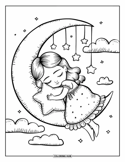 Dibujo de princesas para colorear para adultos: Una princesa con camisón duerme sobre una luna creciente, con estrellas colgando arriba