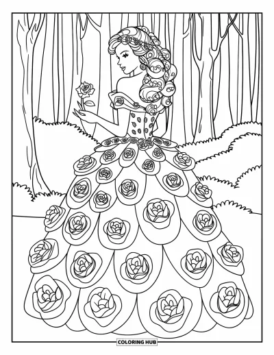 Dibujo de princesas para colorear para adultos: Una princesa con vestido adornado con rosas sostiene una rosa encantada en un bosque