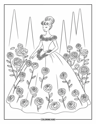 Dibujo de princesas para colorear para adultos: Una princesa con vestido cubierto de rosas, de pie en un jardín