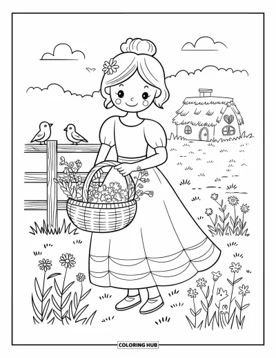 Dibujo de princesas para colorear para adultos: Una princesa con vestido sencillo recoge flores, con una cabaña a lo lejos