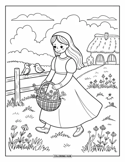 Dibujo de princesas para colorear para adultos: Una princesa con vestido sencillo recoge flores silvestres junto a una cerca de madera