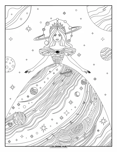 Dibujo de princesas para colorear para adultos: Una princesa con vestido estrellado se desliza con elegancia por el espacio