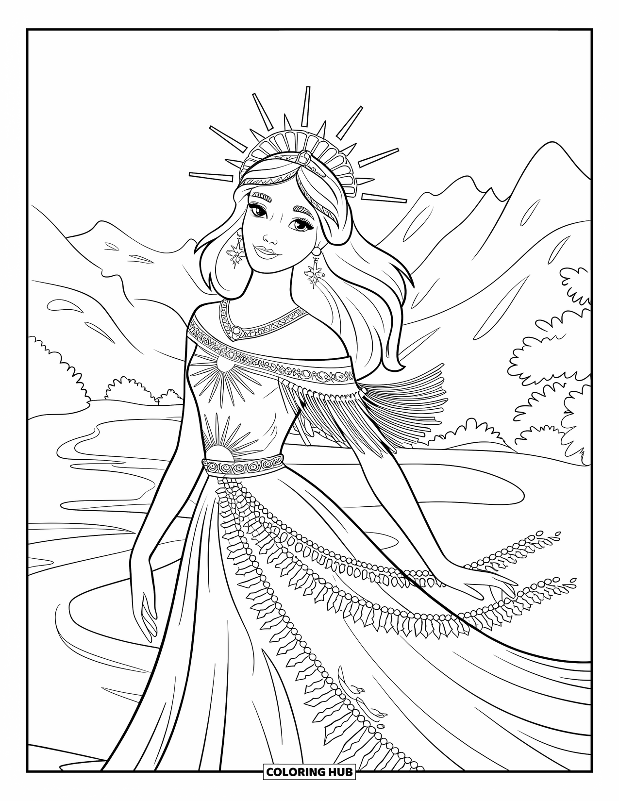Princess Coloring Page for Adults: A princess in a sun-patterned gown with a tiara of sun rays