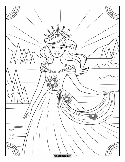 Dibujo de princesas para colorear para adultos: Una princesa con vestido de rayos de sol está de pie con elegancia, rodeada de nubes