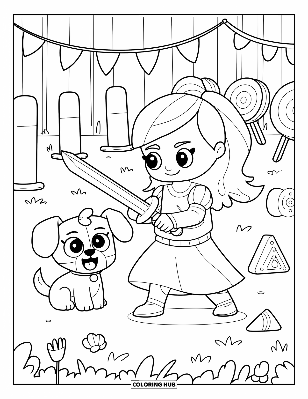 Princess Coloring Page for Adults: A princess in a training yard practices swordplay as her puppy watches