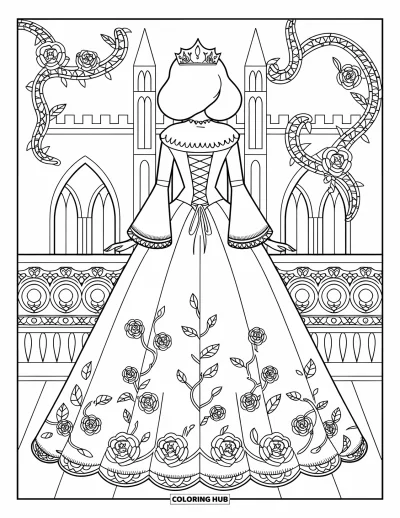Dibujo de princesas para colorear para adultos: Una princesa con vestido de terciopelo y rosas está de pie con elegancia junto a un castillo con torres