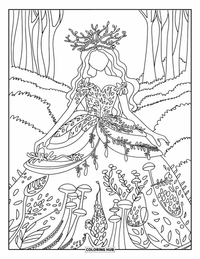 Dibujo de princesas para colorear para adultos: Una princesa con vestido cubierto de enredaderas y hongos brillantes en un bosque frondoso