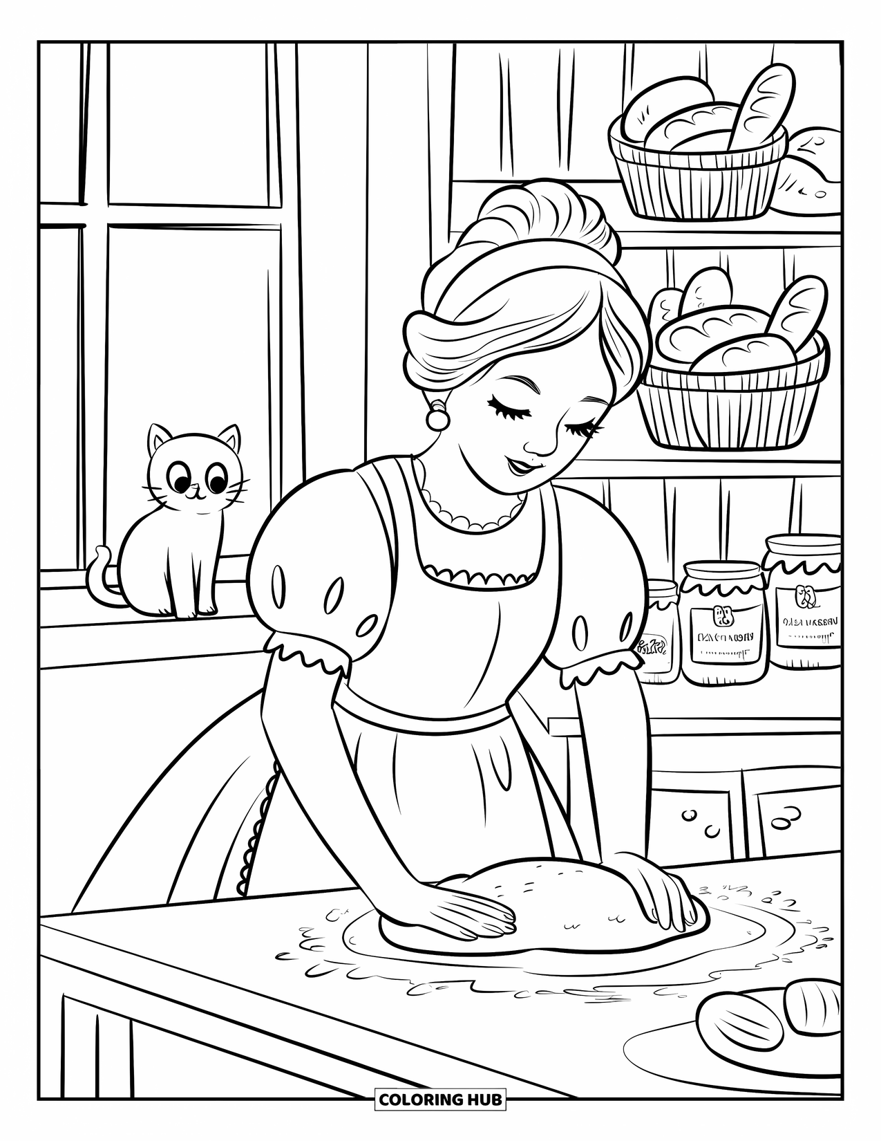 Princess Coloring Page for Adults: A princess in an apron kneads dough, baskets of bread behind her