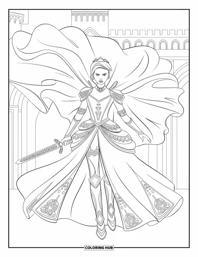 Dibujo de princesas para colorear para adultos: Una princesa con detalles tipo armadura sostiene una espada con joyas junto a un castillo