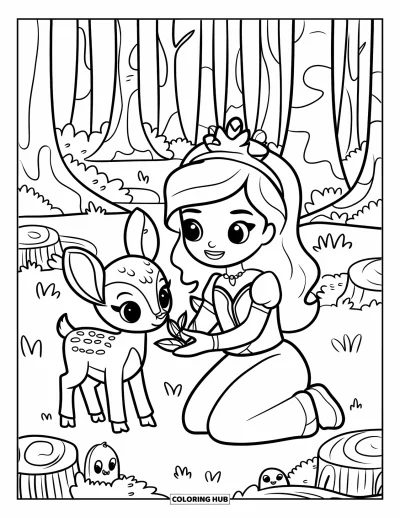 Dibujo de princesas para colorear para adultos: Una princesa en el bosque alimenta a un cervatillo mientras la observan animales del bosque