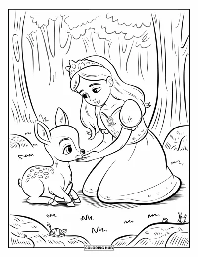 Dibujo de princesas para colorear para adultos: Una princesa se arrodilla junto a un cervatillo y le ofrece hojas frescas