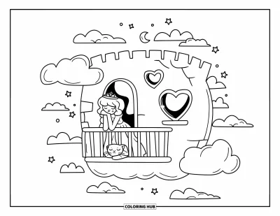 Dibujo de princesas para colorear para adultos: Una princesa se apoya en un balcón de un castillo en las nubes, contemplando estrellas y lunas