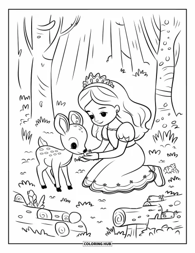 Dibujo de princesas para colorear para adultos: Una princesa ofrece hojas a un cervatillo en un bosque tranquilo