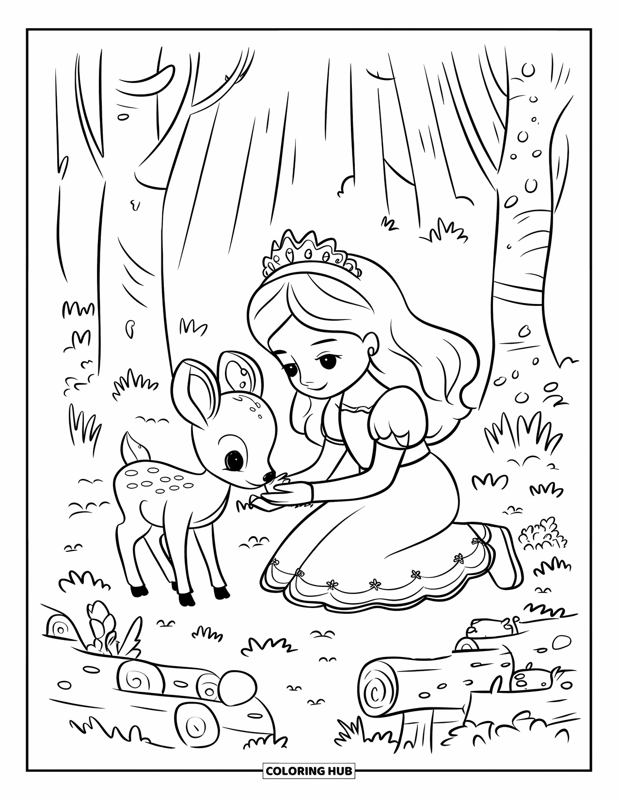 Princess Coloring Page for Adults: A princess offers leaves to a baby deer in a peaceful forest