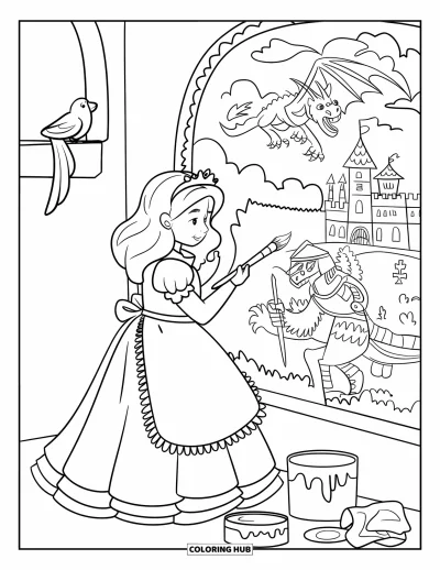 Dibujo de princesas para colorear para adultos: Una princesa pinta un mural en un muro del castillo, con un pájaro mirando cerca