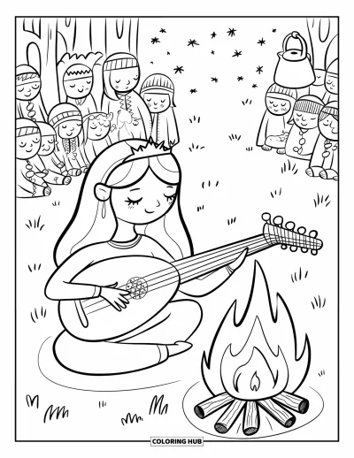 Dibujo de princesas para colorear para adultos: Una princesa toca el laúd junto a una fogata mientras los aldeanos escuchan bajo un cielo estrellado