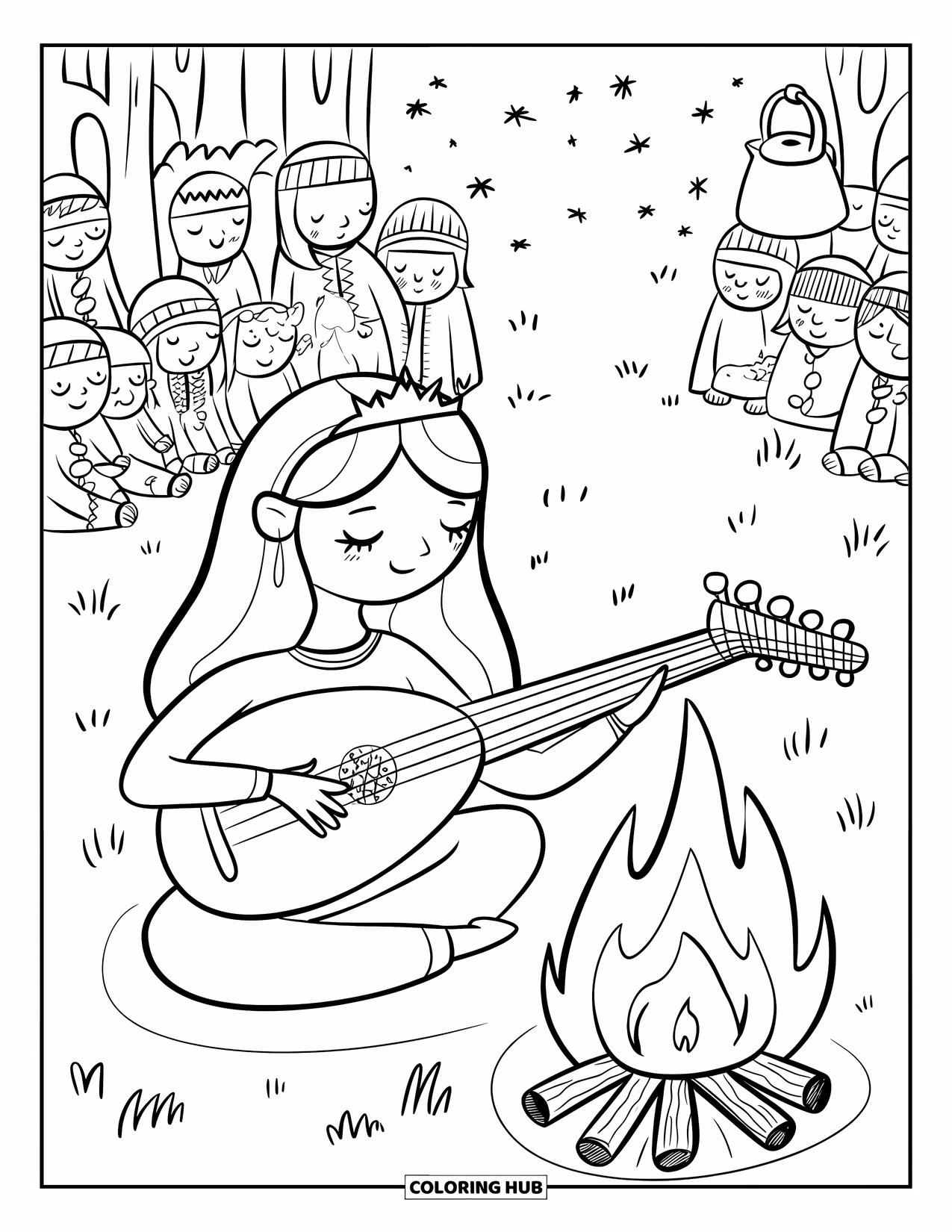 Princess Coloring Page for Adults: A princess plays the lute by a bonfire as villagers listen under a starry sky