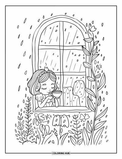 Dibujo de princesas para colorear para adultos: Una princesa bebe té junto a una ventana mientras mira las gotas deslizarse por el cristal