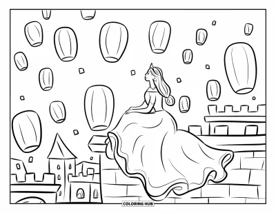Dibujo de princesas para colorear para adultos: Una princesa se sienta en una azotea viendo faroles iluminar el cielo nocturno