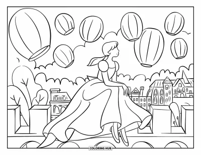 Dibujo de princesas para colorear para adultos: Una princesa se sienta en una azotea viendo faroles iluminar el cielo nocturno