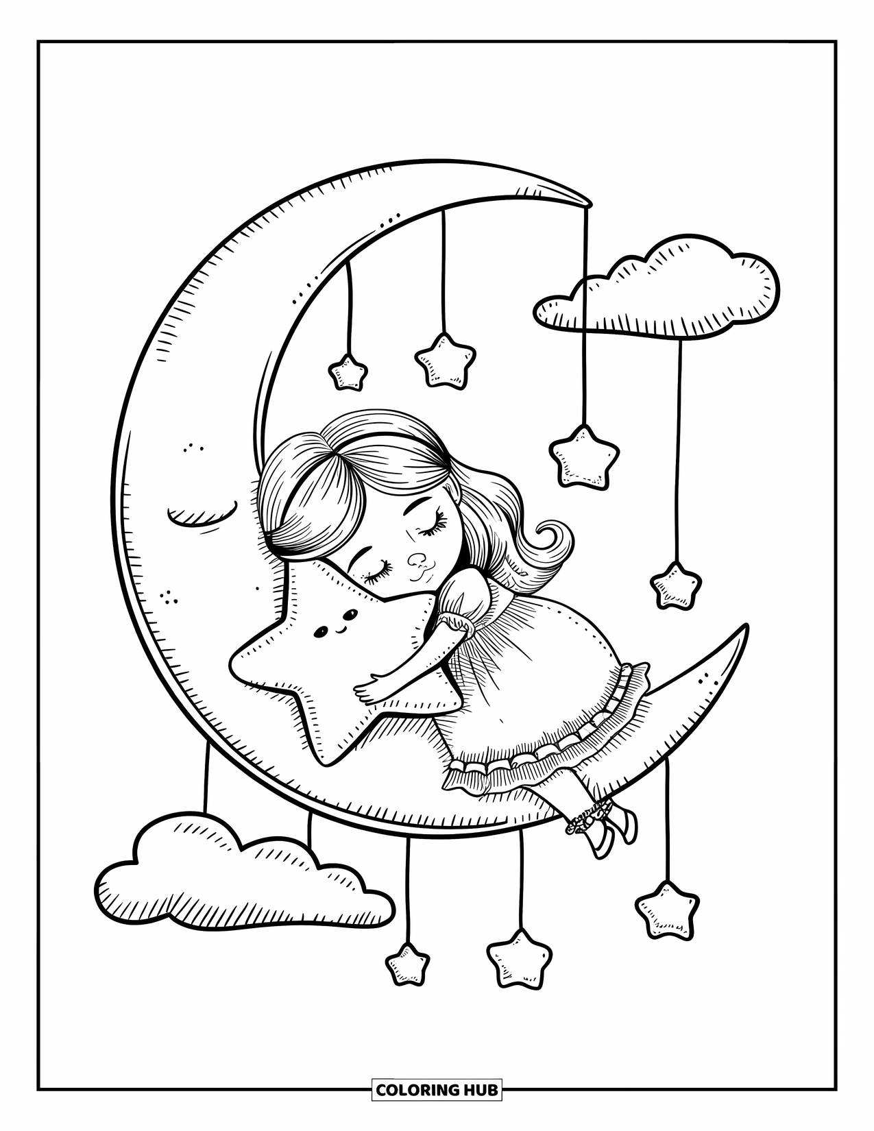 Princess Coloring Page for Adults: A princess sleeps on a crescent moon, hugging a plush star pillow
