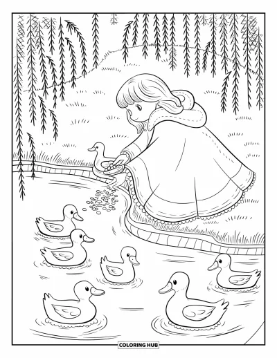Dibujo de princesas para colorear para adultos: Una princesa lanza migas de pan a unos patos, sentada junto a un estanque tranquilo