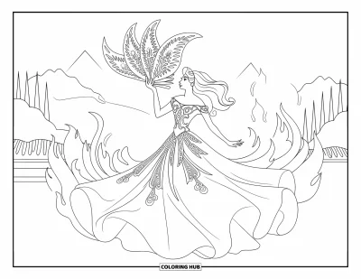 Dibujo de princesas para colorear para adultos: Una princesa girando con vestido ardiente y abanico de plumas de fénix