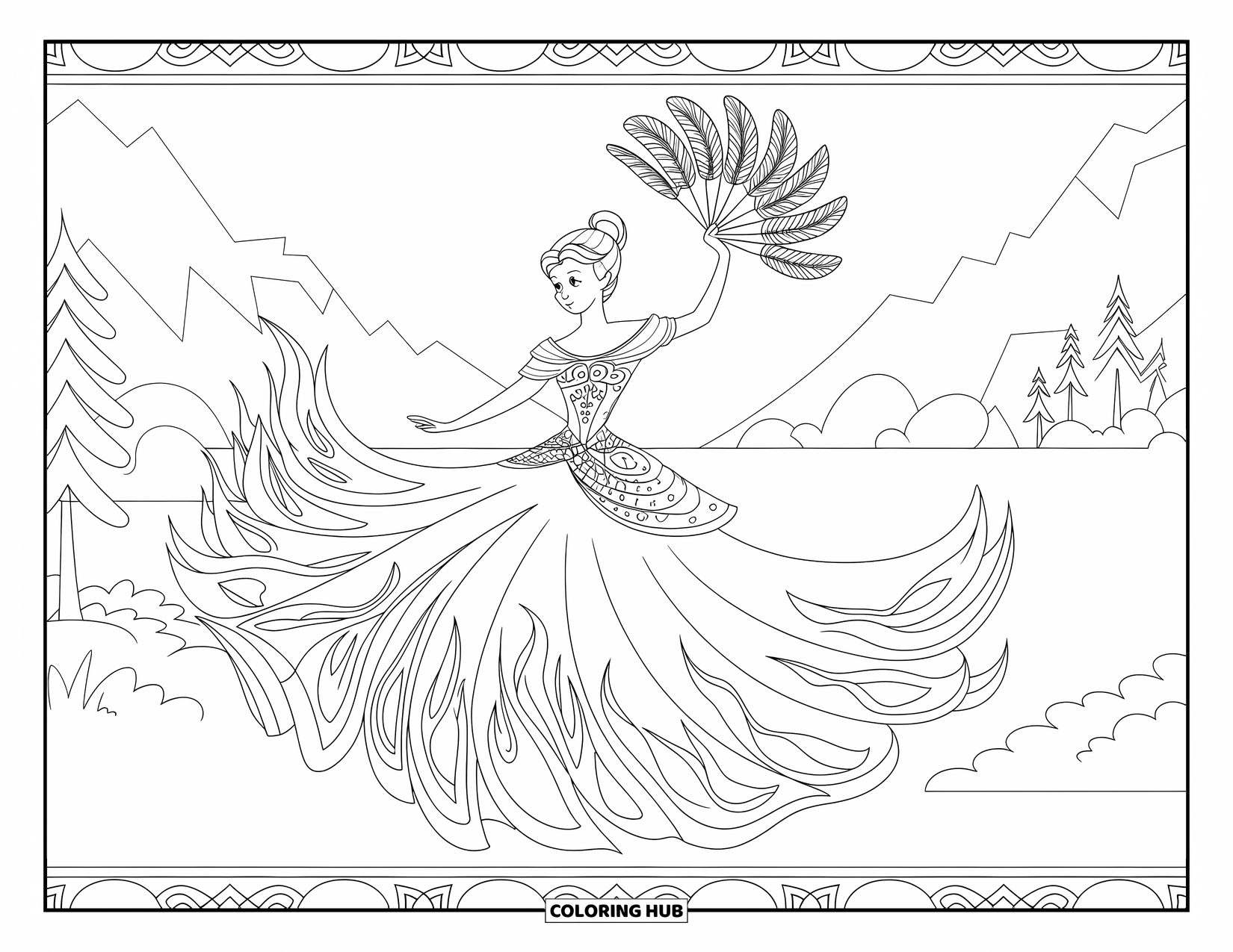 Princess Coloring Page for Adults: A princess twirls in a gown that flows like flames, holding a phoenix feather fan