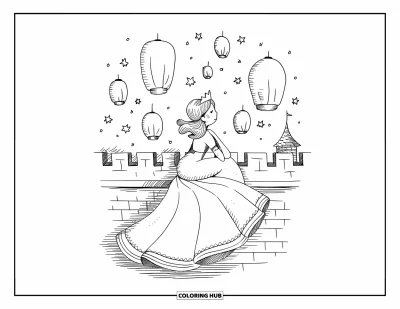 Dibujo de princesas para colorear para adultos: Una princesa mira faroles subir al cielo nocturno desde la azotea del castillo