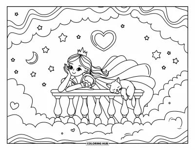 Dibujo de princesas para colorear para adultos: Una princesa observa estrellas y lunas pasar mientras su gatito duerme a su lado