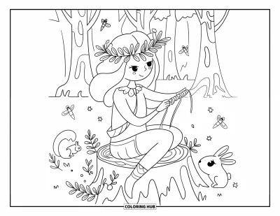 Dibujo de princesas para colorear para adultos: Una princesa teje una corona de hojas en el bosque, con ardillas y conejos cerca