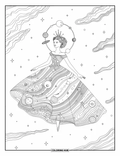Dibujo de princesas para colorear para adultos: Una princesa con corona tipo planeta flota en un cielo lleno de estrellas