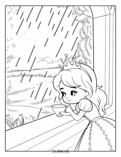 Dibujo de princesas para colorear para adultos: Una princesa con una taza de té caliente mira la lluvia desde una ventana del castillo