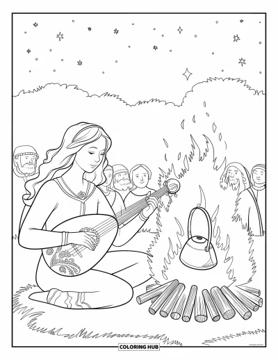 Dibujo de princesas para colorear para adultos: Una princesa de cabello largo toca el laúd junto al fuego, con aldeanos reunidos cerca