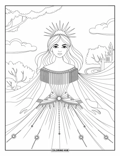 Dibujo de princesas para colorear para adultos: Una princesa radiante con vestido de temática solar lleva una tiara en forma de rayos de sol