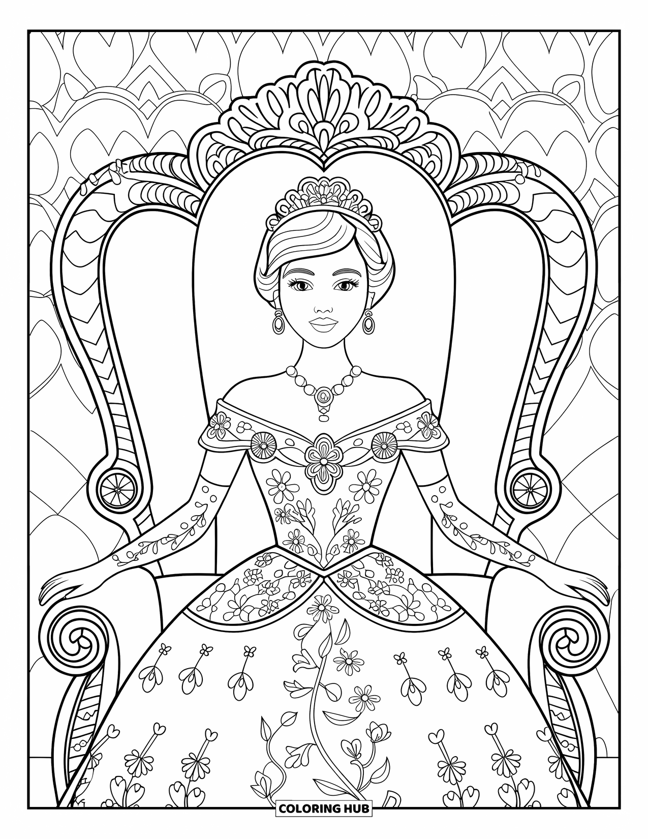 Princess Coloring Page for Adults: A regal princess in a floral gown sits elegantly on a decorated throne