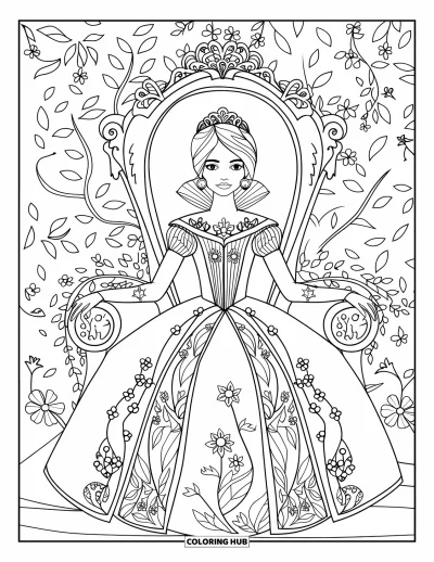 Dibujo de princesas para colorear para adultos: Una princesa majestuosa con vestido bordado se sienta en un trono con estampados florales
