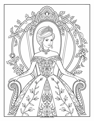 Dibujo de princesas para colorear para adultos: Una princesa majestuosa se sienta con elegancia en un trono ornamentado con vestido de estampado floral