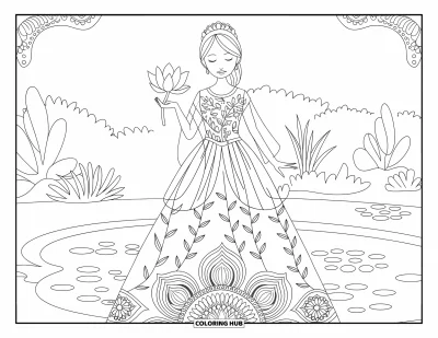 Dibujo de princesas para colorear para adultos: Una princesa serena está de pie en un jardín sosteniendo una flor de loto en plena floración
