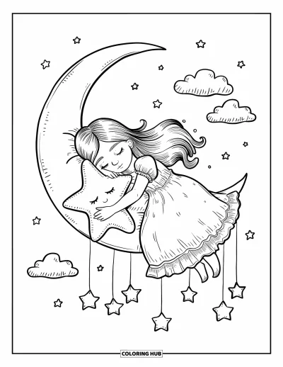 Dibujo de princesas para colorear para adultos: Una princesa dormida abraza un cojín de estrella sobre una luna creciente