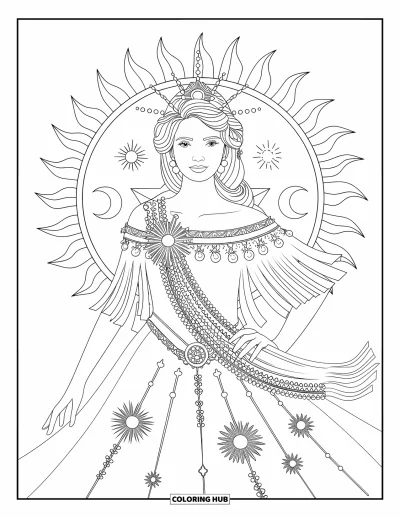 Dibujo de princesas para colorear para adultos: Una diosa del sol con vestido radiante y tiara de rayos solares