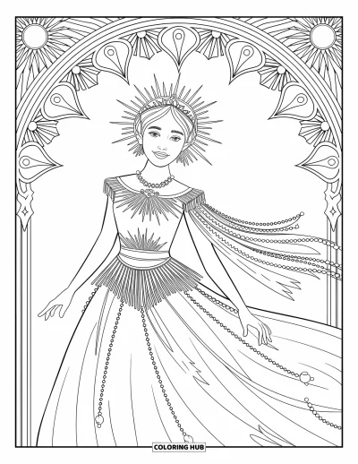 Dibujo de princesas para colorear para adultos: Una princesa diosa del sol con vestido de rayos y tiara en forma de haces solares