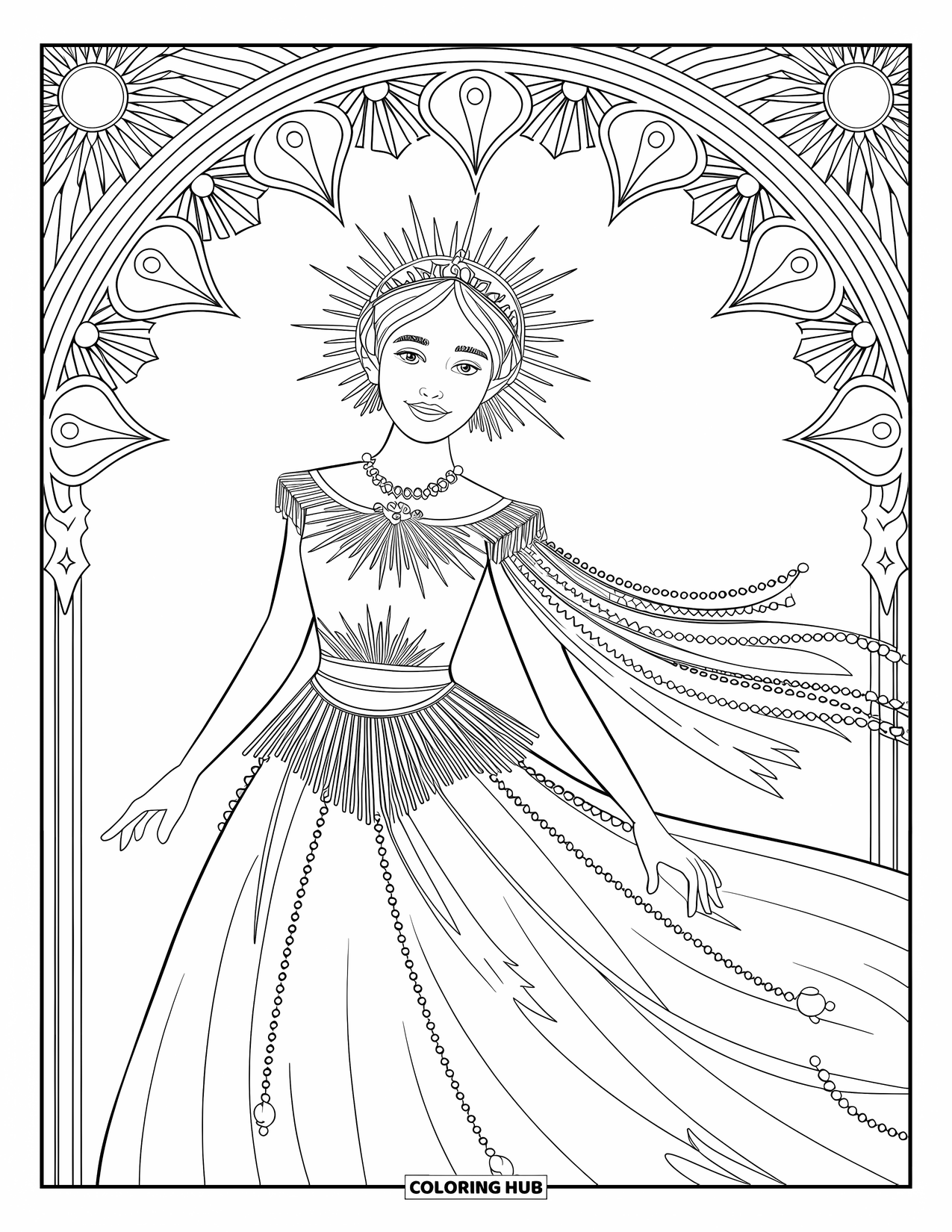 Princess Coloring Page for Adults: A sun goddess princess in a sunburst gown with a tiara shaped like rays
