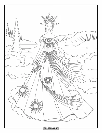 Dibujo de princesas para colorear para adultos: Una princesa de temática solar con vestido dorado está de pie en un paisaje sereno