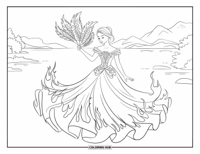 Dibujo de princesas para colorear para adultos: Una princesa girando con vestido de aspecto llameante sostiene un abanico, con montañas y agua alrededor