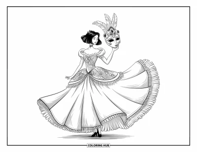 Dibujo de princesas para colorear para adultos: Una princesa girando con vestido de joyas y sosteniendo un antifaz de plumas