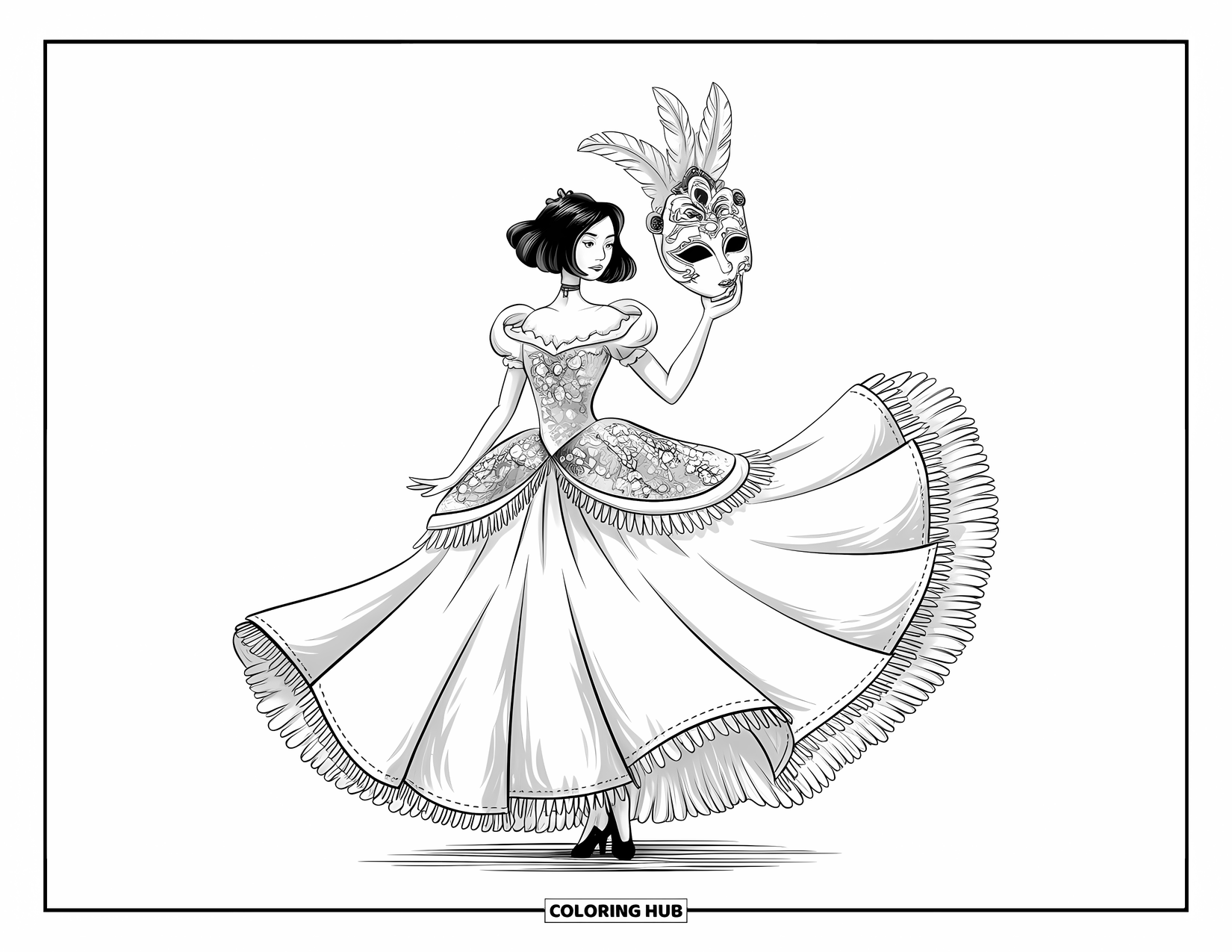 Princess Coloring Page for Adults: A twirling princess in a jeweled gown holding a feathered mask