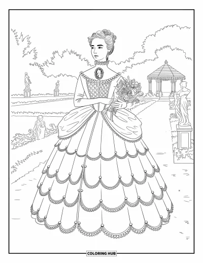 Dibujo de princesas para colorear para adultos: Una princesa victoriana con vestido de encaje sostiene flores en un jardín